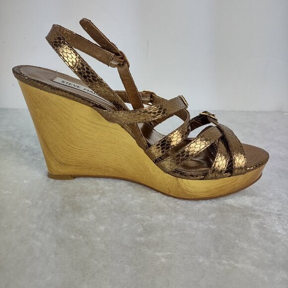 Steve Madden (Leona) Bronze Snakeskin Print 4 Inch Strappy Wedges Size 7 - Picture 8 of 12